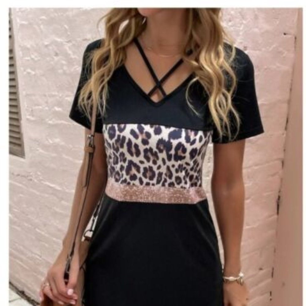 NEW Shein Black Color Block Leopard Print Tunic Dress Short Sleeve Large